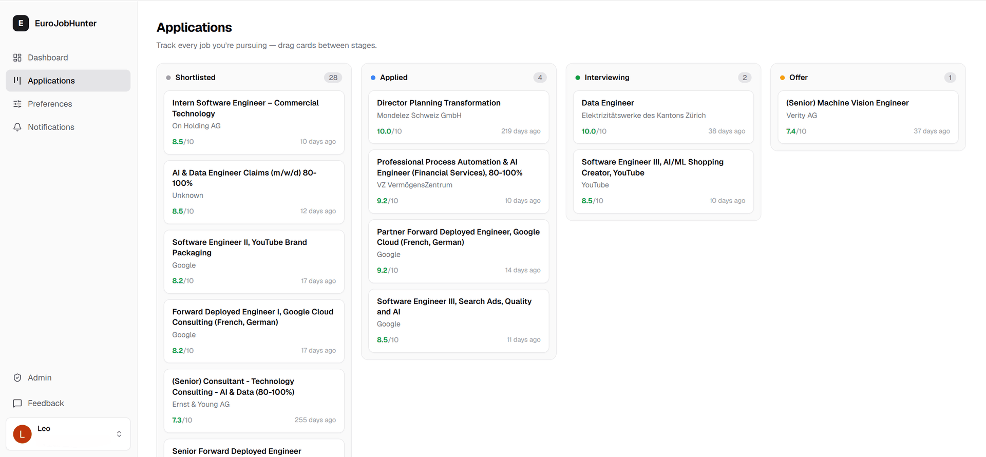 Kanban tracker showing applications across pipeline stages