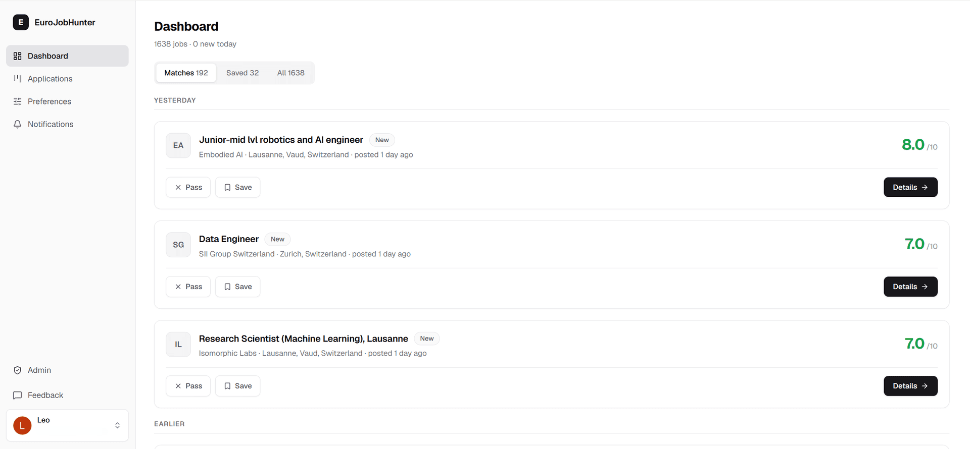 Dashboard showing scored job listings from multiple sources