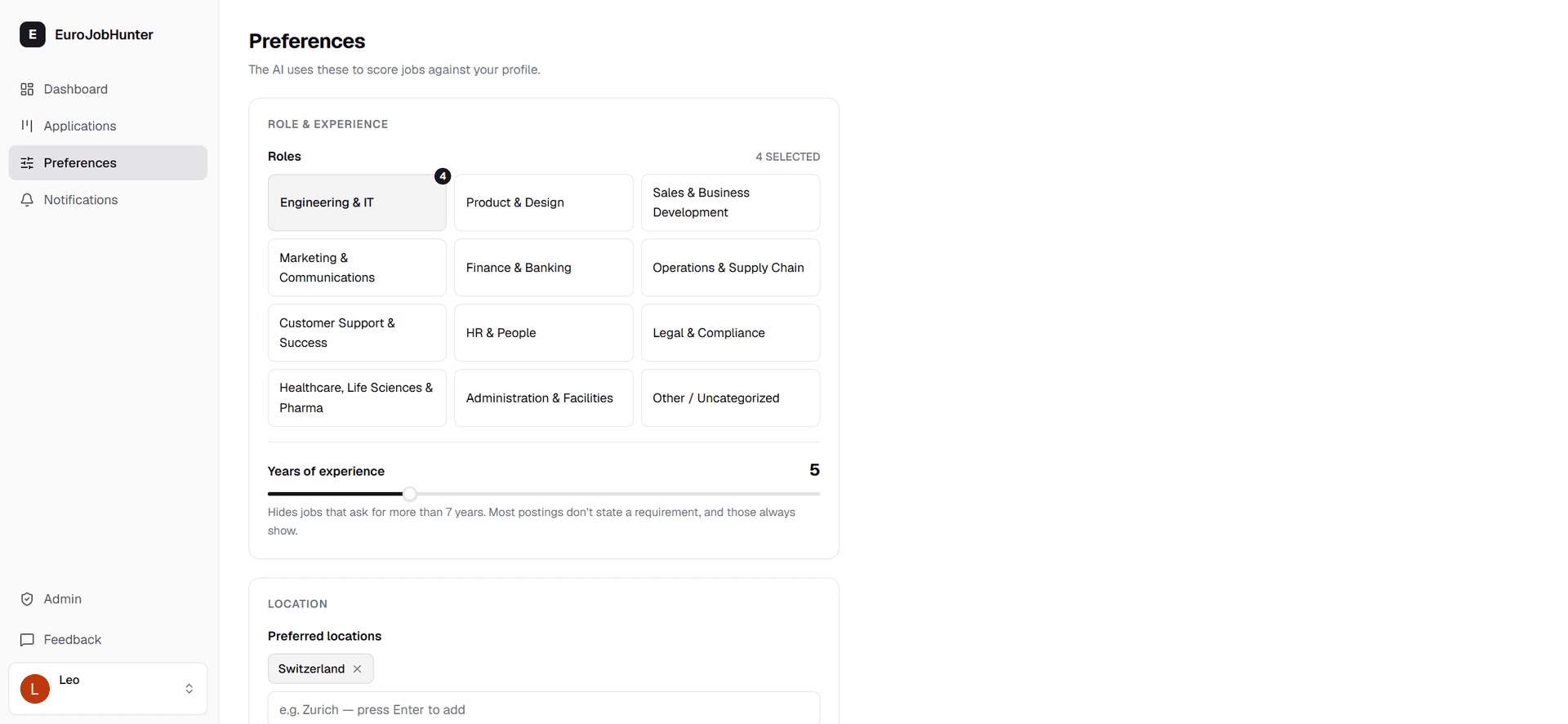 Preferences view showing role categories and years of experience